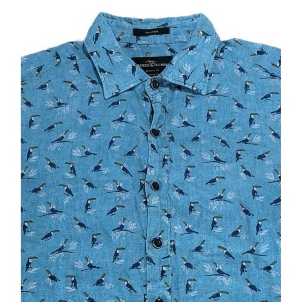 RODD & GUNN Mens Linen Shirt Blue Parrot Print Short Sleeve Button Up Italy - S